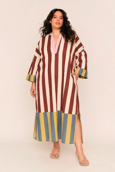 Effortlessly elegant and thoughtfully undone, the Marie Striped Kaftan Dress is a signature piece in Bohemian Traders’ Paris-inspired CAMILLE collection. Crafted from a breathable, mid-weight linen-cotton blend, this kaftan features our exclusive in-house spliced print—an artistic nod to painterly strokes.