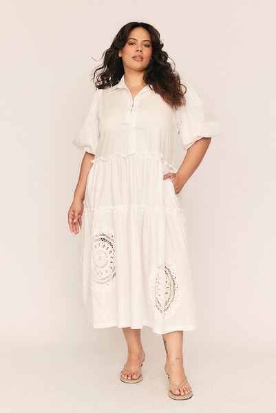 Effortlessly refined with a touch of romantic charm, the Camilla Poplin Dress captures modern femininity through a timeless lens. Cut from crisp white cotton poplin, it’s designed with a gently fitted bodice that falls to a relaxed midi-length skirt—detailed with intricate lace crochet for soft contrast.