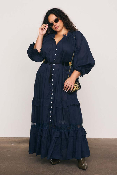 Lace Trim Ruffle Neck Dress in Navy