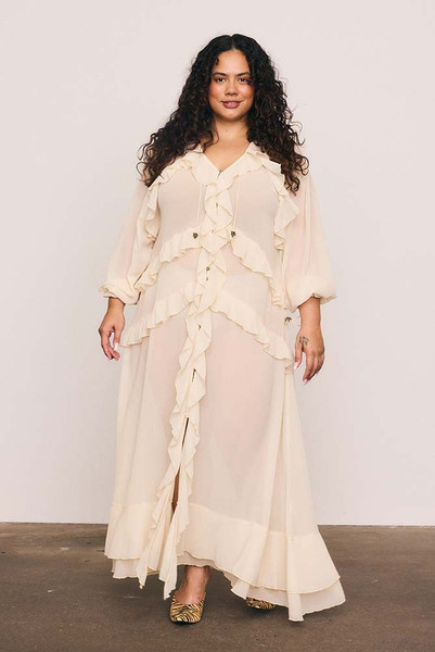 Waterfall Frill Maxi Dress in Cream