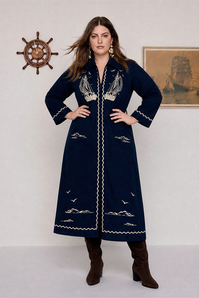 Nautical Embroidered Midi Dress in Navy