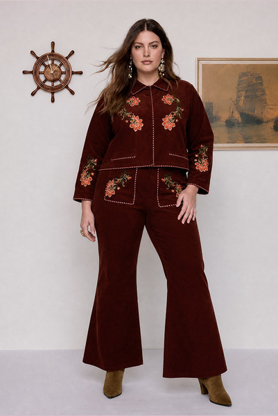 Sadie Embroidered Crop Flare in Burgundy