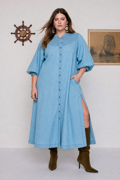 Chambray Smocked Midi Dress in Blue