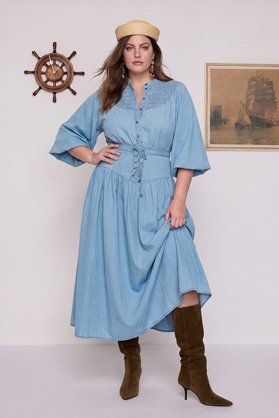 Chambray Lace Up Midi Skirt in Blue