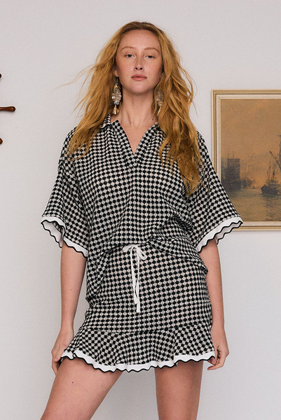 Crochet Oversized Top in Black White Check