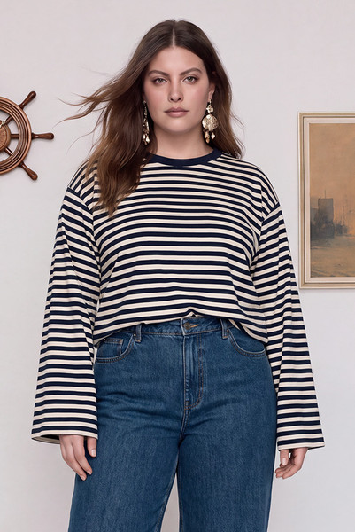 Stripe Long Sleeve Tee in Blue Cream Stripe