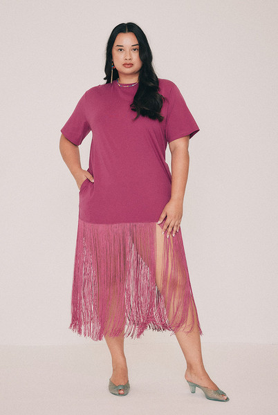 Fringed T-Shirt Dress in Magenta