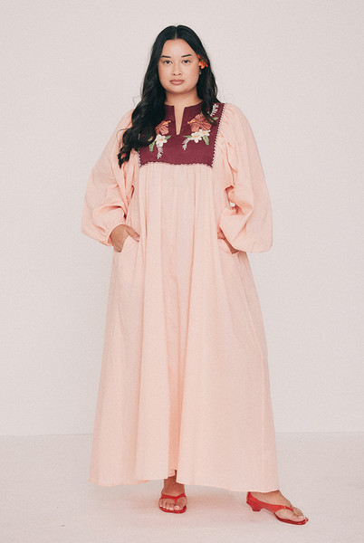 Paloma Embroidered Bib Smock Dress in Coral