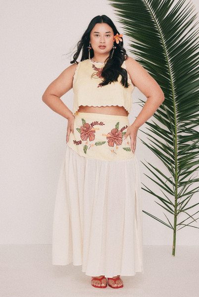 Paloma Embroidered Yoke Midi Skirt in Lemon