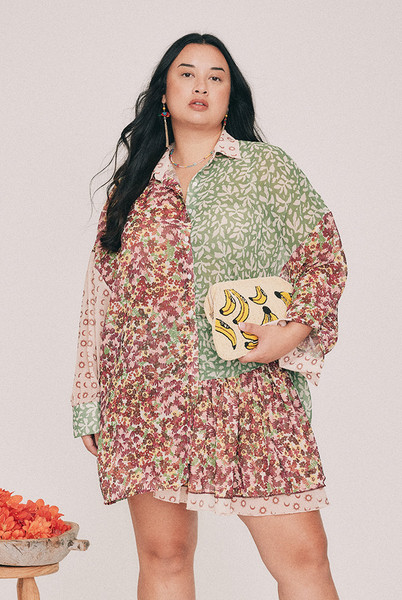 Cut from soft georgette, this oversized shirt carries the spliced Ola design, drawn by hand in our Central Coast studio. A classic collar, long cuffed sleeves and a full button front lend it the ease of a borrowed-from-the-boyfriend shirt. Wear it buttoned and tucked into the coordinating skirt, open over a slip, or over swimmers on the walk back from the beach on your summer vacation. Intended to be oversized, so size down for a closer fit, or lean in to the design and take your usual size. Designed from a 6 to a 22.