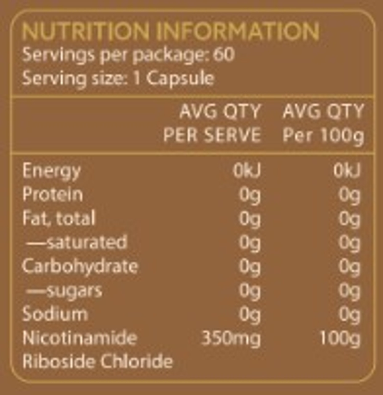 TheAgeHack NR 350mg - 60 caps - Nutritional information Panel