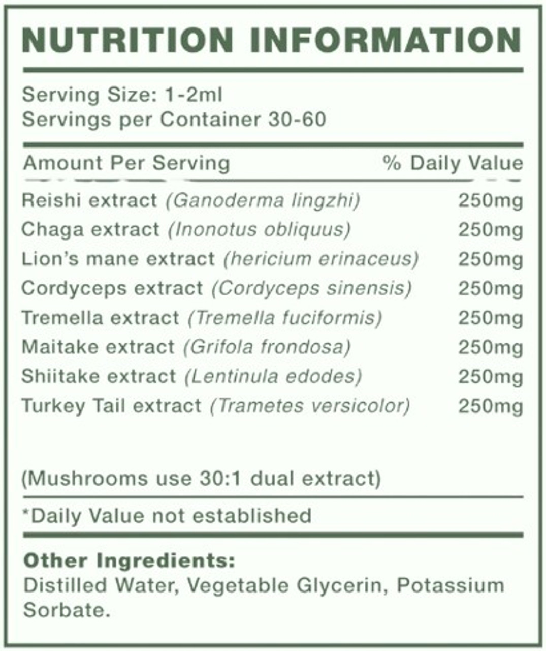 Mushify 8 Mushroom Matrix 60ml - Nutritional information Panel