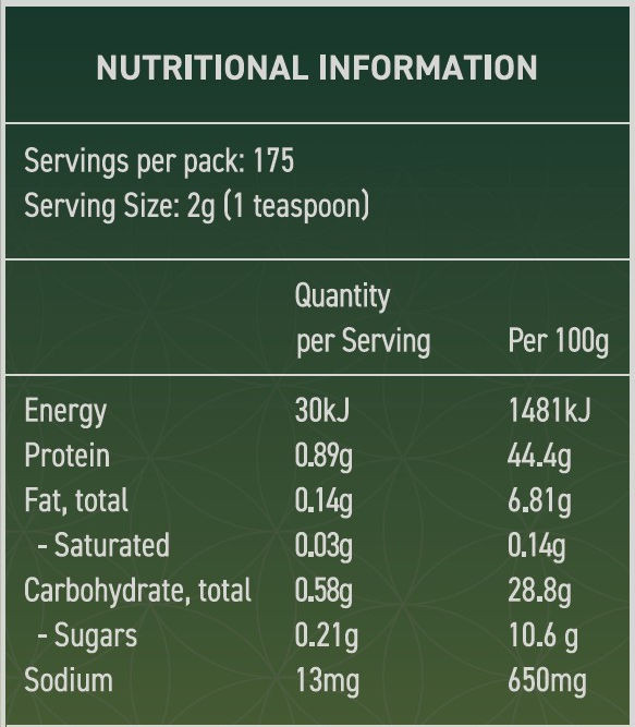SAYBO Green Dream 350g Nutrition Information Panel