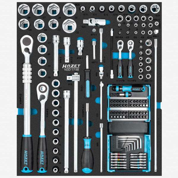 Hazet 163D-1/148 Ratchet and Socket Set in Foam Tray, 1/2" and 1/4" Drive, 148 Pieces - KC Tool