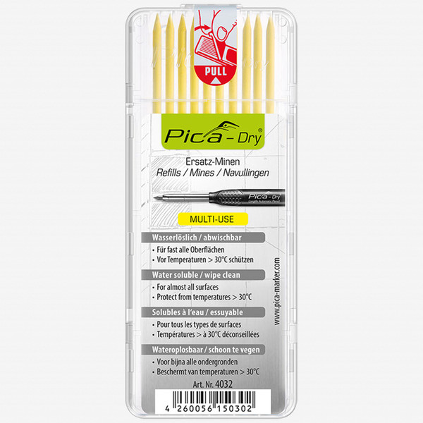 Pica Marker Set - Pica Dry markeerstift met diepe gaten 10 reservevullingen hardheid H 8 vullingen waterstraalbestendig in blauw/wit/groen