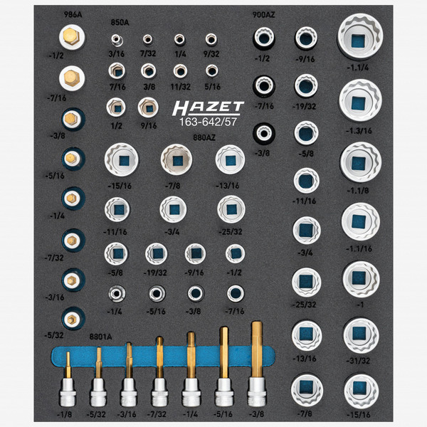 Hazet 163-642/57 1/4", 3/8" and 1/2" SAE Sockets, 3/16" - 1 1/4", 57 Pieces - KC Tool