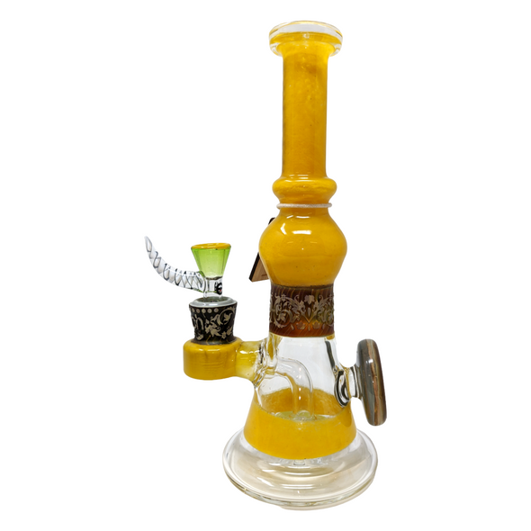 9" Cheech Glass Yellow Sand Blasted Wood Beaker Water Pipe Rig With Dab Pad