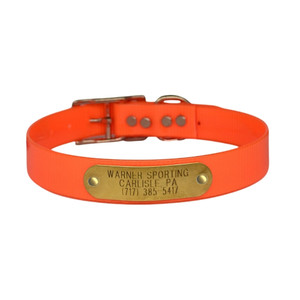 Warner Sporting dayglo dog collar in orange with custom engraved tag. Warner Sporting dayglo dog collar in orange with custom engraved tag.