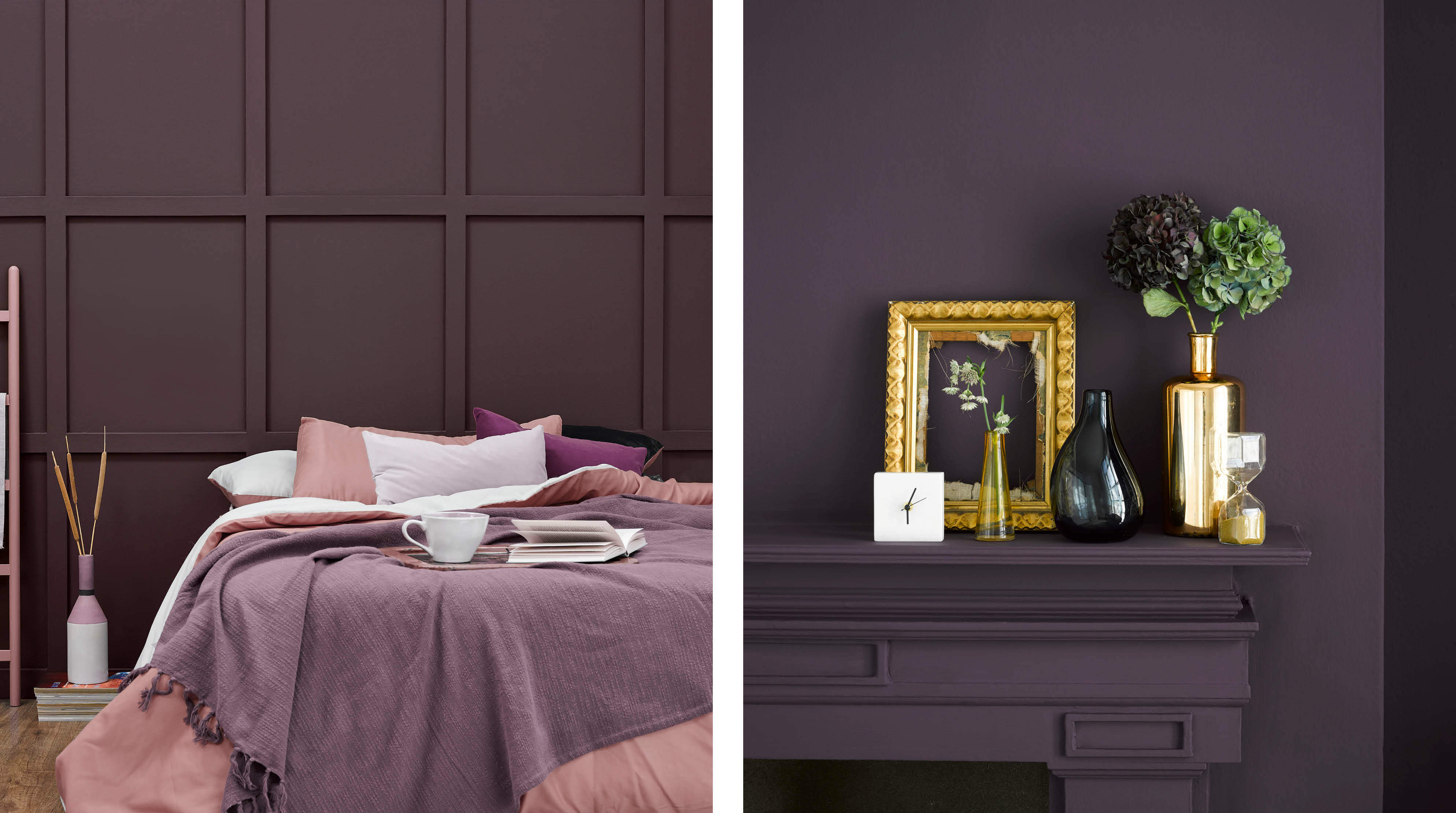 Un mur de chambre à coucher lambrissé peint en rouge pourpre Mûre. Un mur et un manteau peints en Jus de Raisin violet foncé avec des meubles dorés.