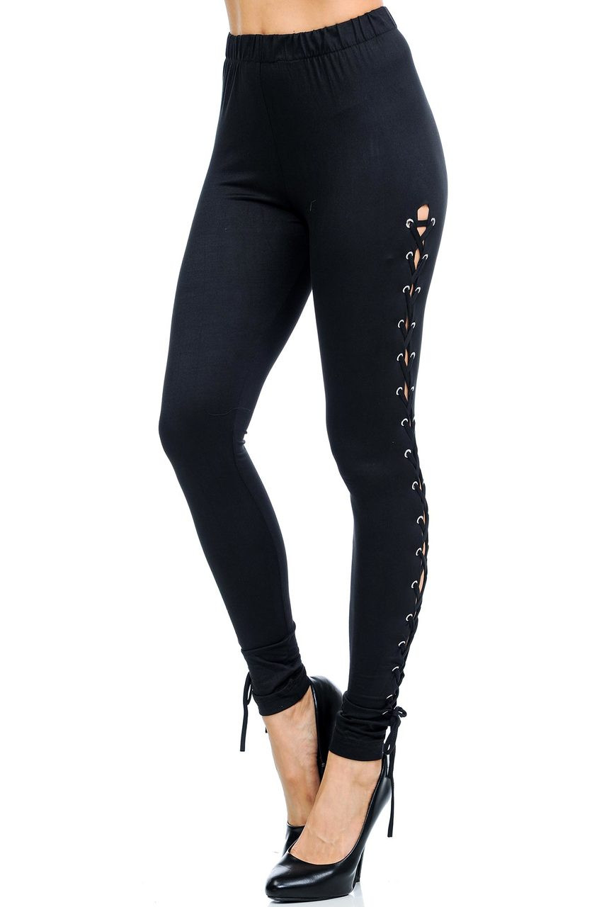 Lace Up Side High Waist Leggings - Black