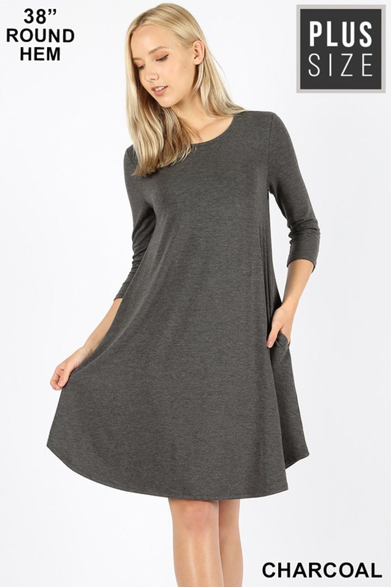 3/4 Sleeve Longline Round Hem Plus Size Rayon Tunic with Pockets