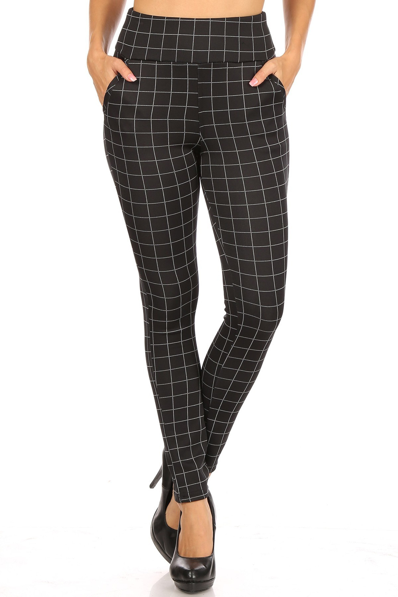 Black and White Grid Print High Waisted Body Sculpting Treggings with  Pockets