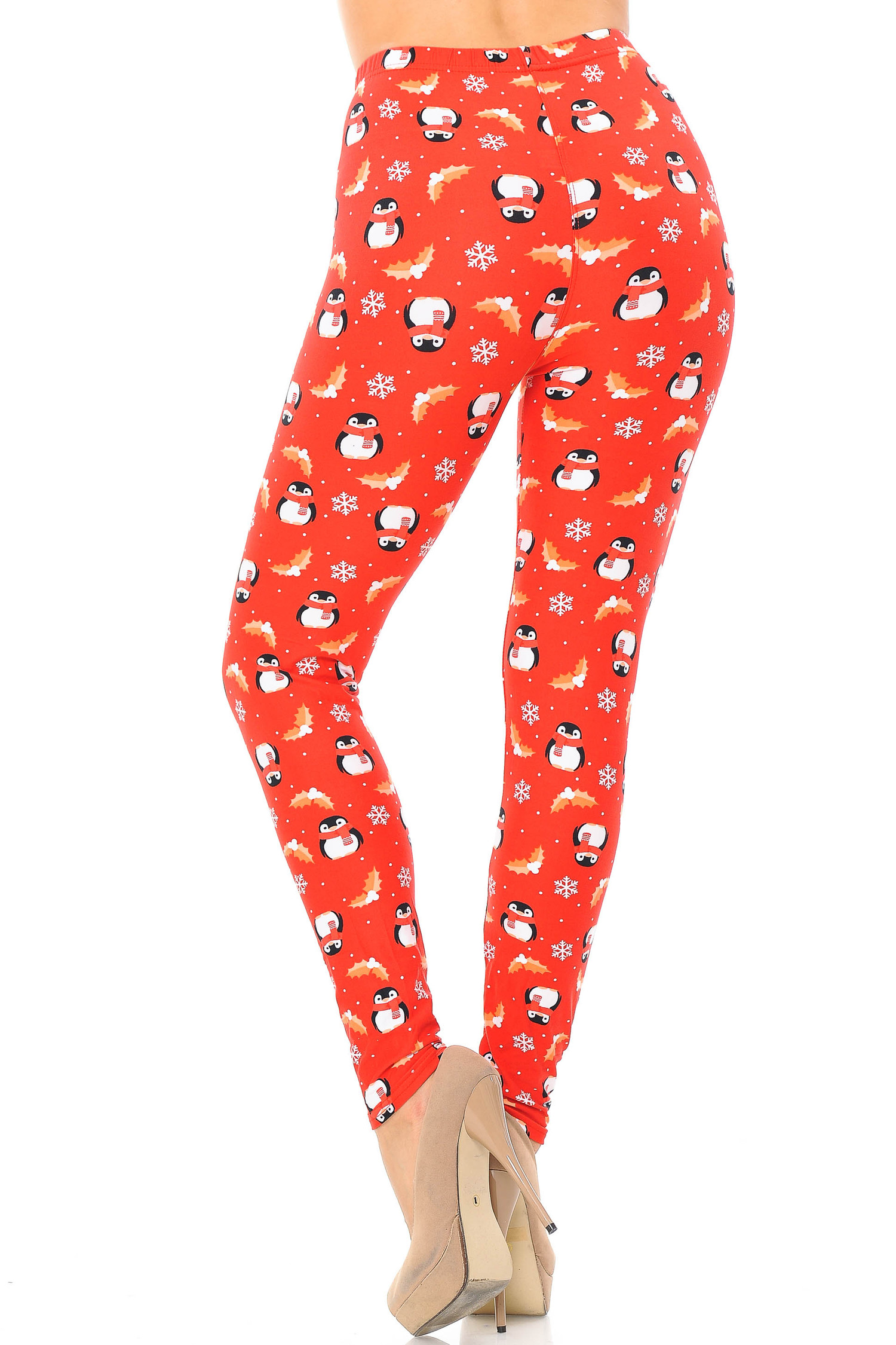 Buttery Soft Ruby Red Penguins Mistletoe and Snowflake Extra Plus Size  Leggings - 3X-5X