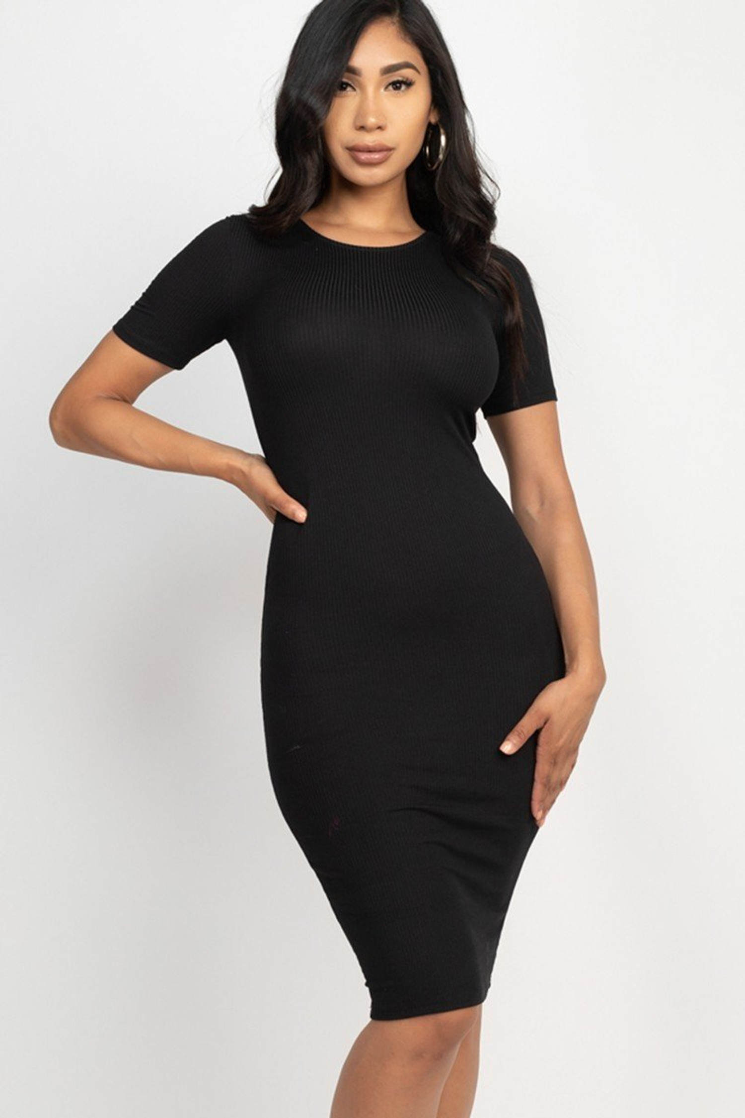 Short Sleeve Rib Knit Bodycon Midi Dress | USA Fashion