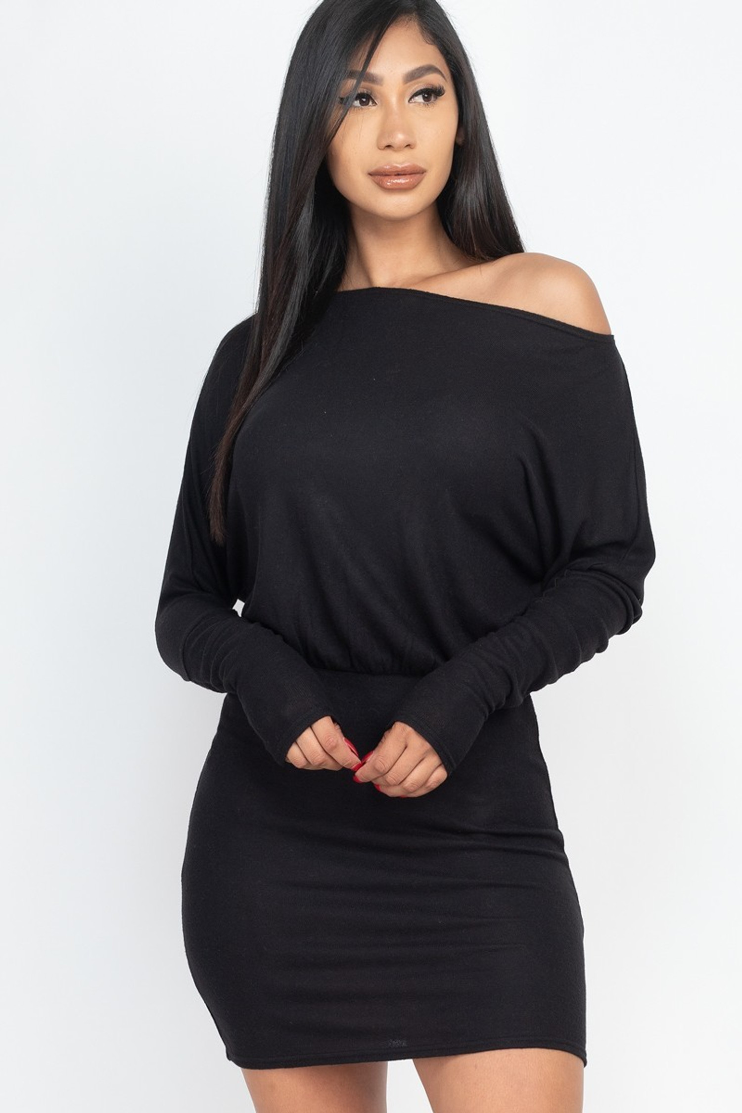 Dolman Sleeve Brushed Knit Off the Shoulder Mini Dress