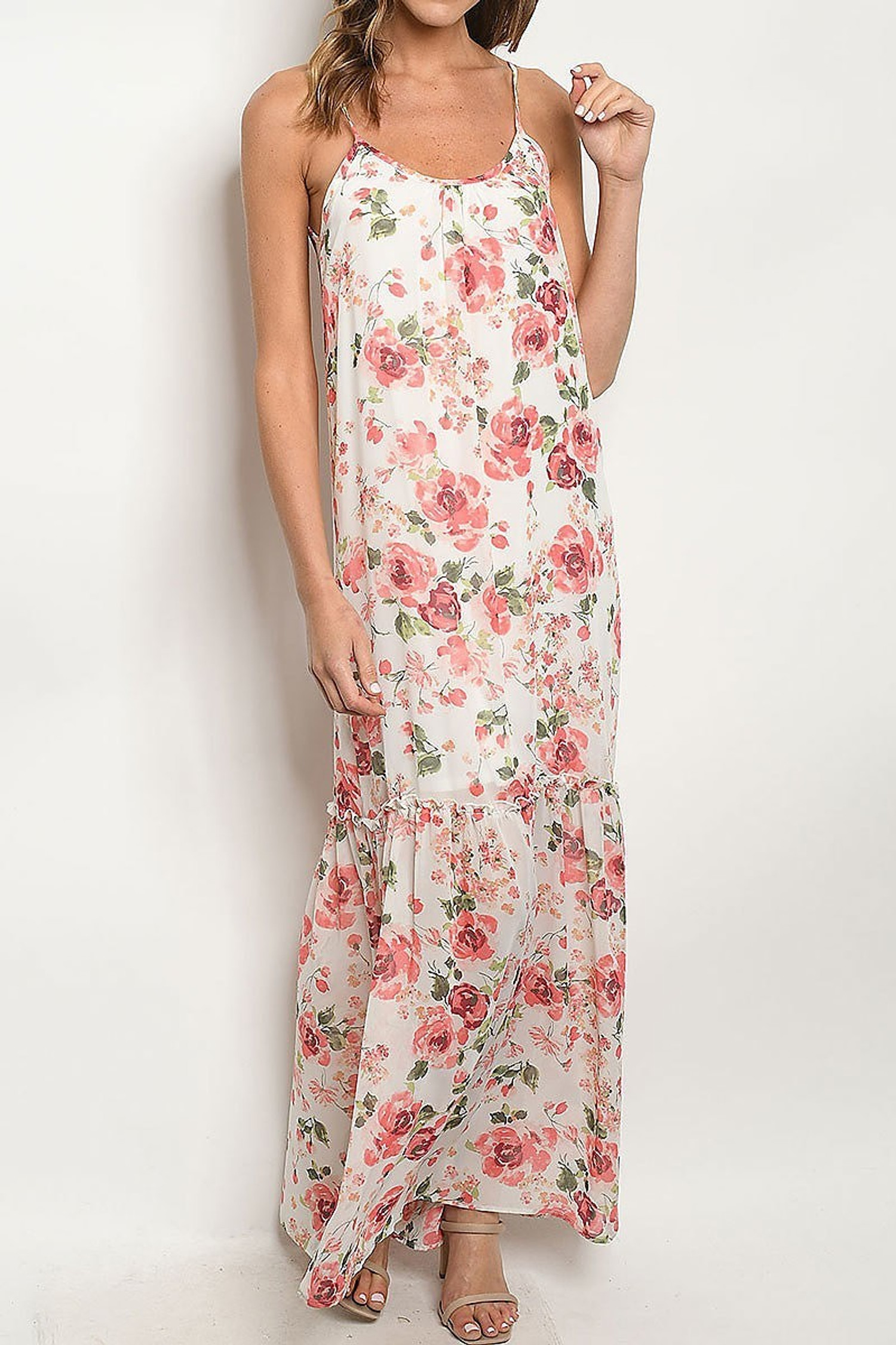 Low V Crisscross Back Rose Print Maxi Dress with Spaghetti Straps | USA  Fashion™