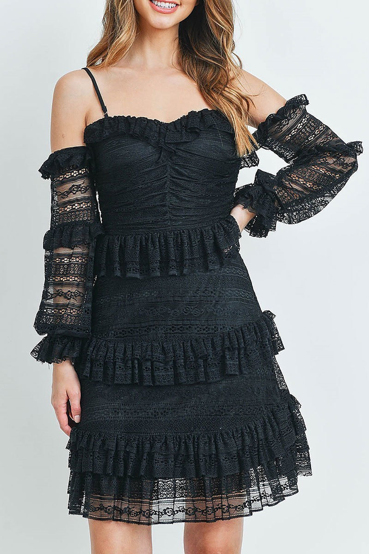 Tiered Ruffle Off the Shoulder Lace Sleeve Dress | USA Fashion™