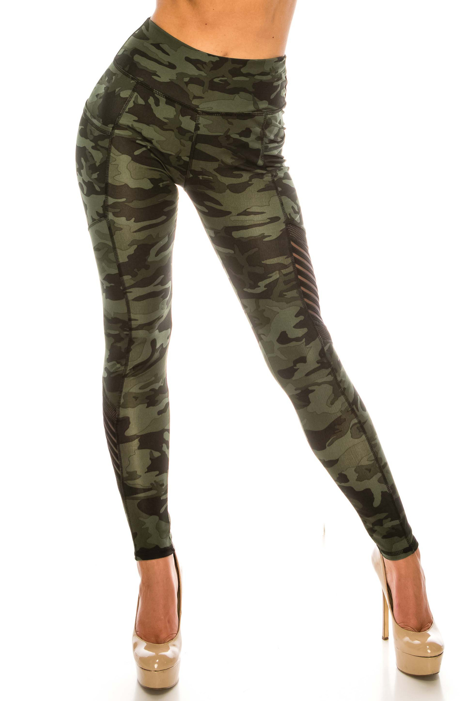 Activewear High Waisted Camo Print Yoga Pants with Cross Knit Mesh Sides  and Pockets - Its All Leggings