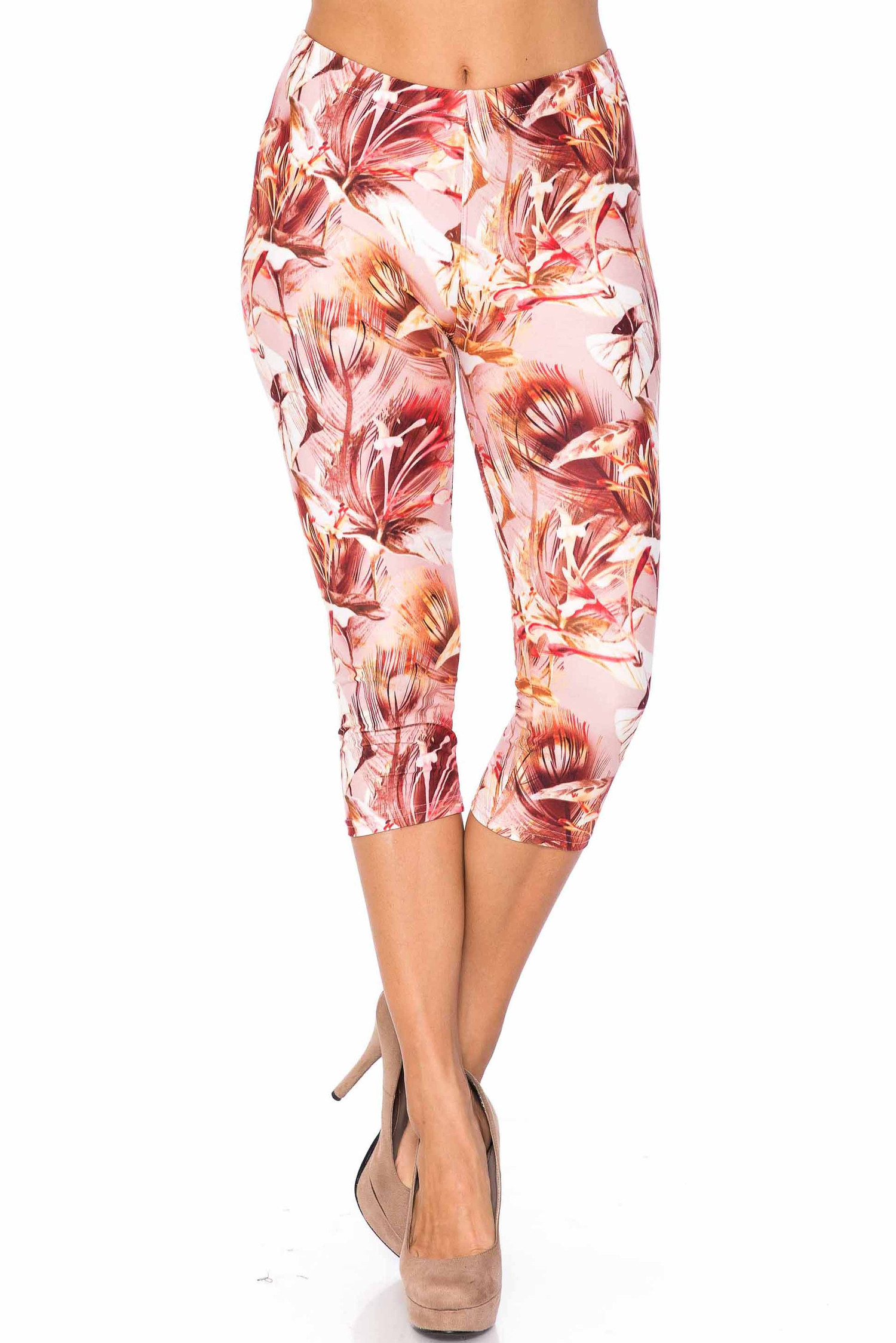 Creamy Soft Mocha Floral Plus Size Capris - USA Fashion™