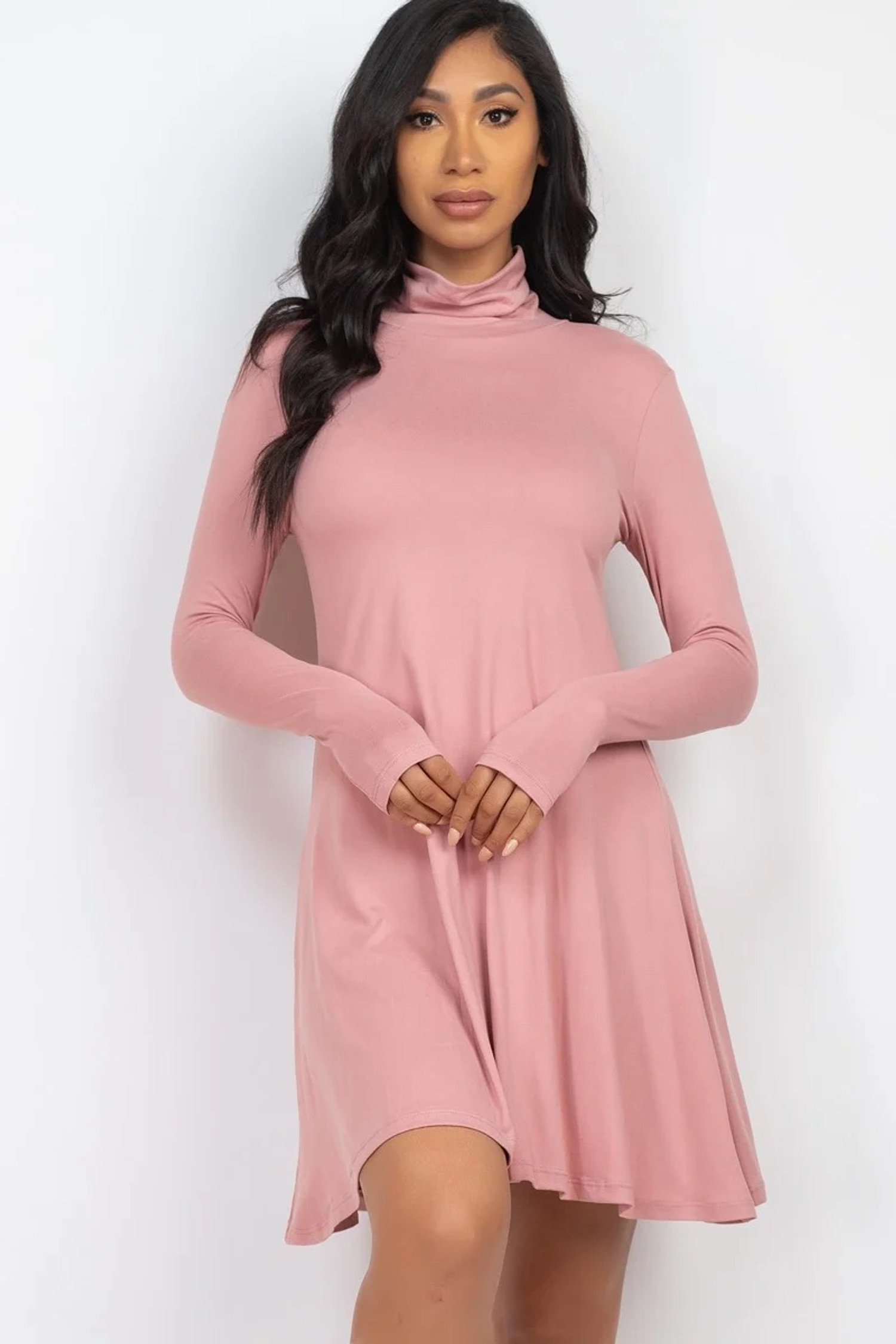 Long Sleeve Mock Neck Flare Mini Dress | USA Fashion