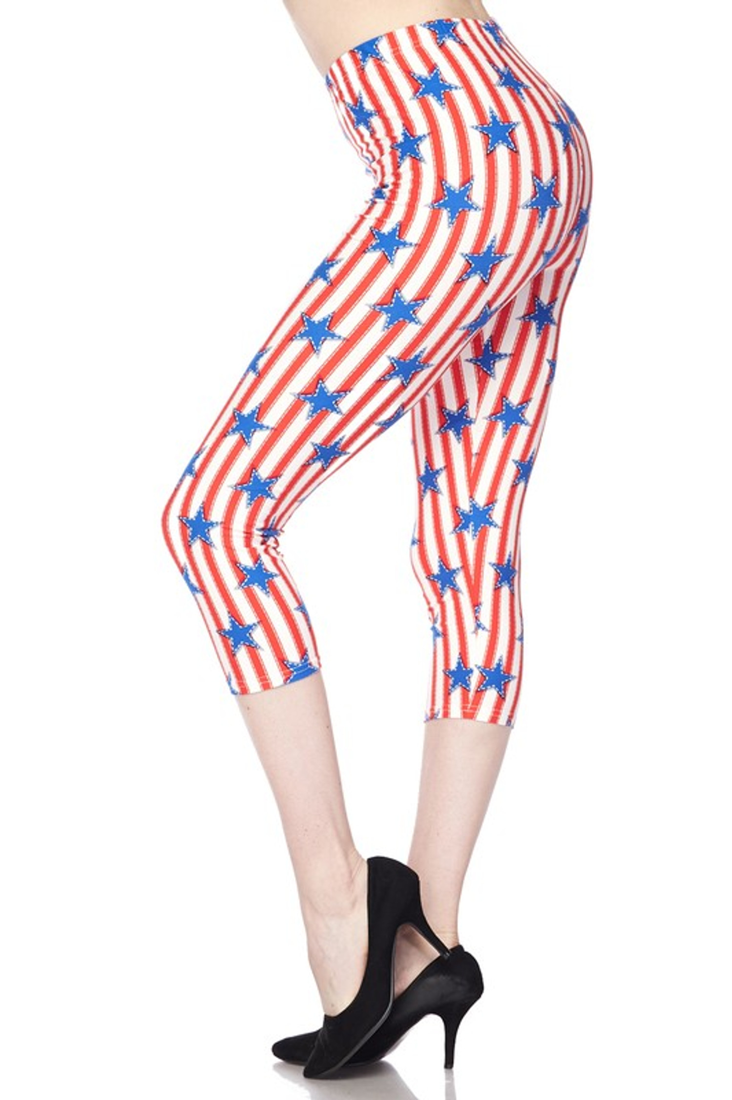 Wholesale-Buttery Soft Vertical Stars on Stripes Plus Size Capris | USA  Fashion