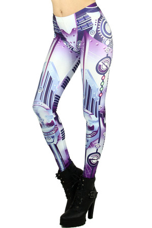 Left side leg image of Graphic Print Cyber Mech Robot Leggings
