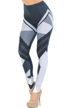 Front view of Creamy Soft Contour Angles Extra Small Leggings - USA Fashion™ with a white, steel blue, and black design that features a multi directional paneled design that follows your body lines providing a flattering contouring effect.