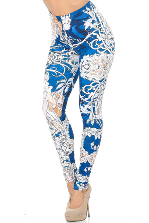 Angled front view image of our Creamy Soft Twisted Eden Vine Leggings  adorned with an elegant floral and female statue design in a stunning Grecian inspired blue and white color palette