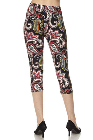 Rear view showcasing body flattering fit of our Buttery Smooth Raspberry Paisley Capris.
