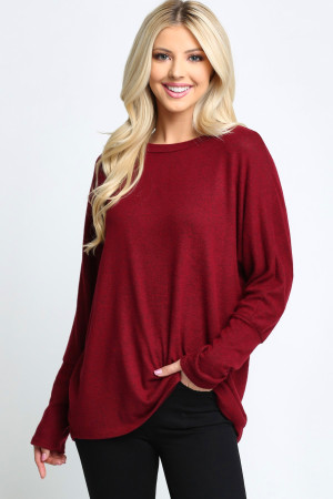 Burgundy Solid Long Sleeve Dolman Plus Size Top