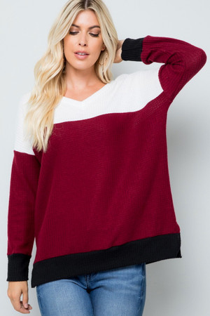 Burgundy Waffle Knit Color Blocked Long Sleeve V Neck Top