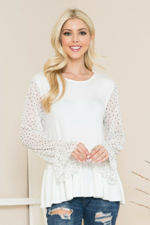 Ivory Speckled Mesh Sleeve Pleated Hem Bell Cuff Top