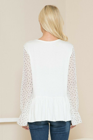 Ivory Speckled Mesh Sleeve Pleated Hem Bell Cuff Top