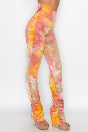 Khaki Double Brushed Tie Dye Side Ruched Stacked High Waisted Leggings
