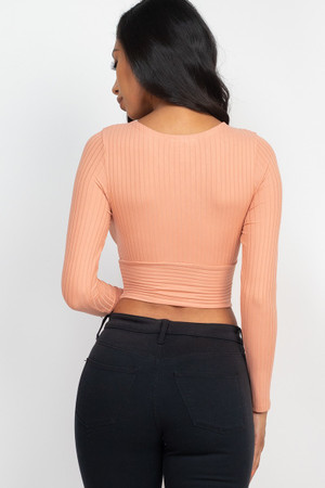 Peach Long Sleeve Ribbed Wrap Front Crop Top