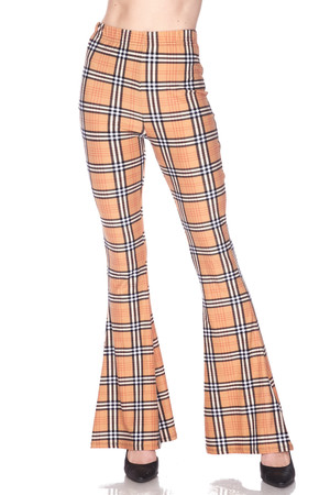 Buttery Soft Carmel Plaid Bell Bottom Leggings