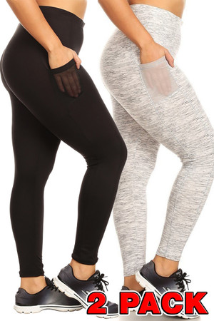 Side view image showing one black and one heather gray Buttery Smooth Sport Basic Plus Size Leggings with Side Pockets