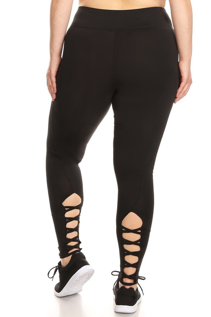 Women's Athletic Leggings with Mesh and Cross Cutouts - Plus Size in Black