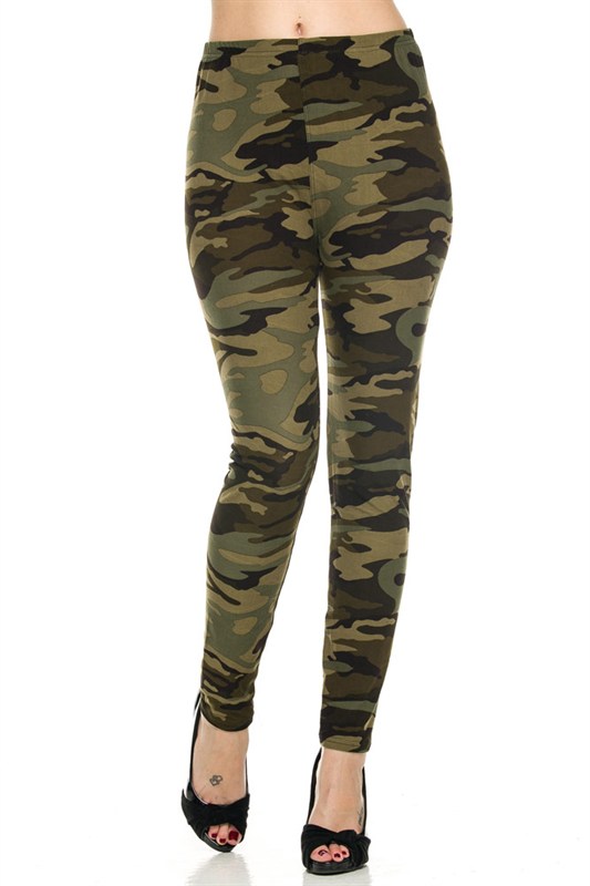 Front side image of Wholesale Buttery Smooth Plus Size Green Camouflage Leggings
