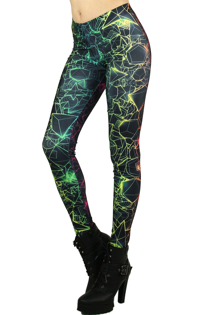 Left side leg image of Graphic Printed Neon Geometry Leggings